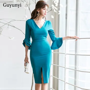 

Plain Color Business Office Dress 2020 Spring High Waist Slim Five-Point Ruffle Sleeve Small Sexy V-Neck Elegant Party Dresses