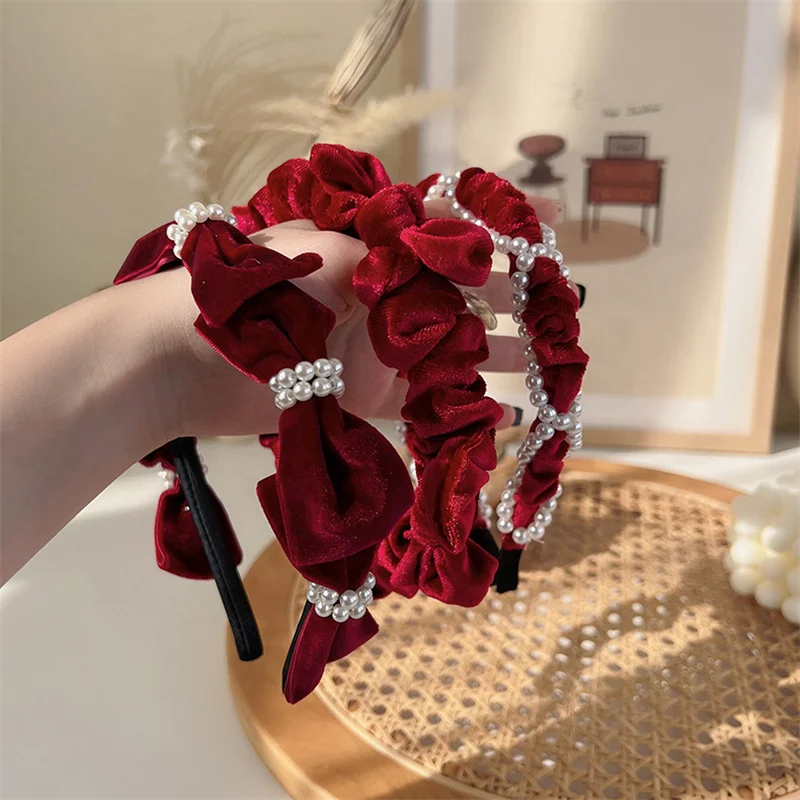 Vintage French Red Velvet Pearl Bow Headband Hair Band For  display picture 1