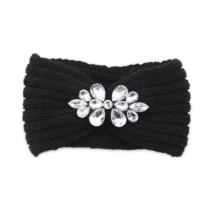 

New Arrival Winter Headband Clear Crystal Flower Elastic hair Band Twist Black Khaki Warm Knitted Headband For Women Girl