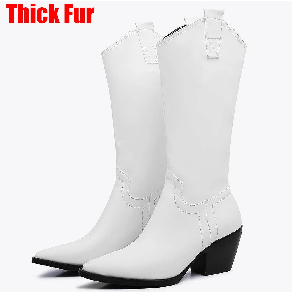 white thick fur SARAIRIS/модные ботинки в западном стиле, большие размеры 33-45 женские зимние сапоги до середины икры с острым носком г. Женская обувь на высоком каблуке - Цвет: white thick fur