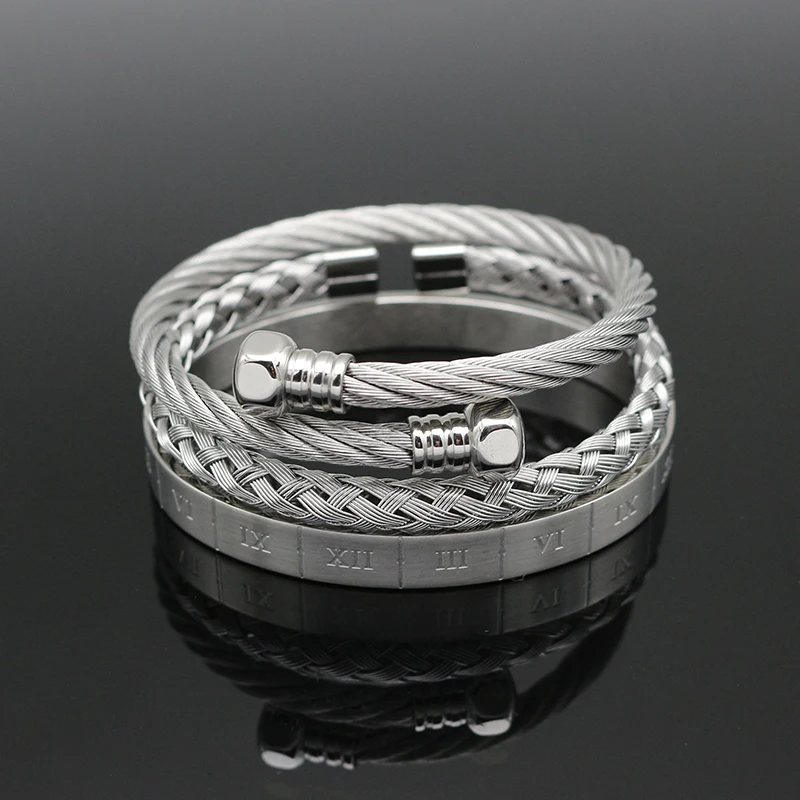 Top Quality 3PCS/Set Luxury Men Hexagon Bracelet Fashion Stainless Steel Roman Bangle Bracelet Men Trendy Jewelry Best Gift