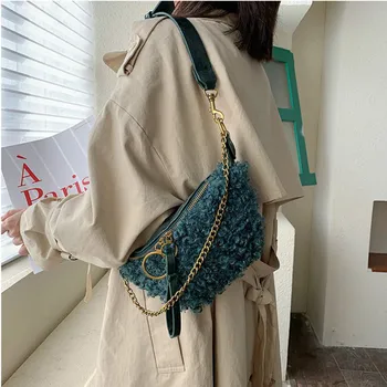 

wool fur women handbag Women's saddle chest bag 2019 winter new famous Brand fashion cross body shoulder chain Messenger bag