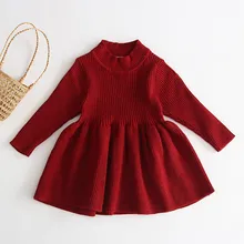 Однотонное зимнее теплое платье-свитер для маленьких девочек; вязаные модные милые платья с длинными рукавами; повседневная одежда