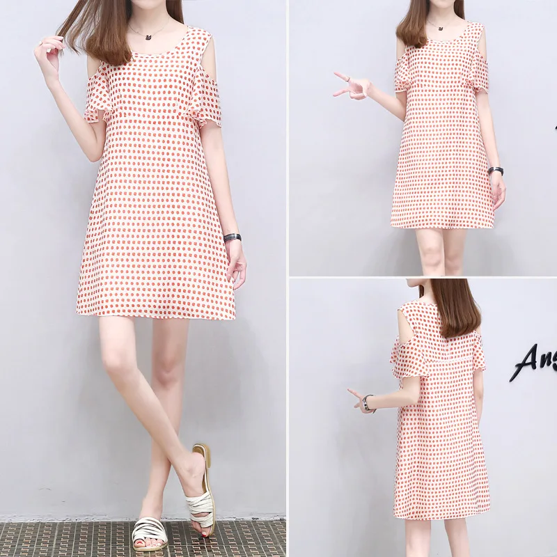 

2019 Summer New Style WOMEN'S Dress Loose-Fit Elegant off-Shoulder Skirt Fashion Large Size Polka Dot Floral Printed Dress Women