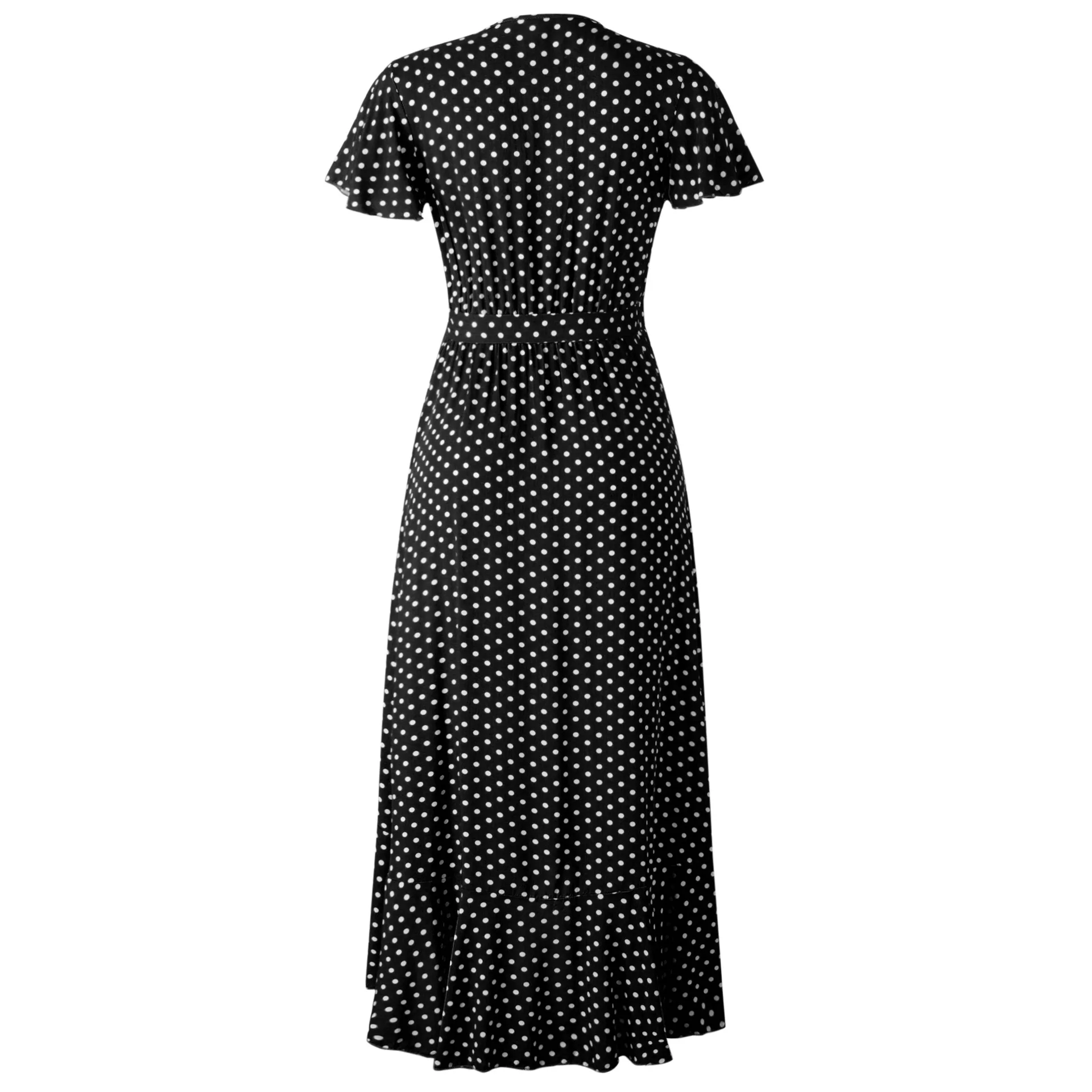 Summer Maxi Dress Women Polka Dot Sexy V Neck Ruffles Short Sleeve Holiday Long Beach Sundress Ladies Lace Up Wrap Party Dresses