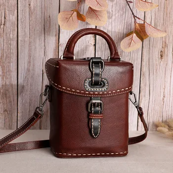 

HUGWISER New Genuine Leather Small Hand Bag Vintage Ladies Vertical Women Unique Gift Shoulder Bag for Shopping Striking