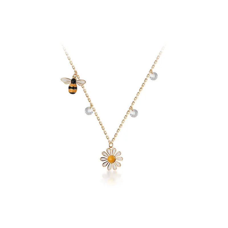 

100%Real 925 Sterling Silver Daisy Flower and Bee Pendant Necklaces Gold-tone Jewelry for Women Birthday Gifts