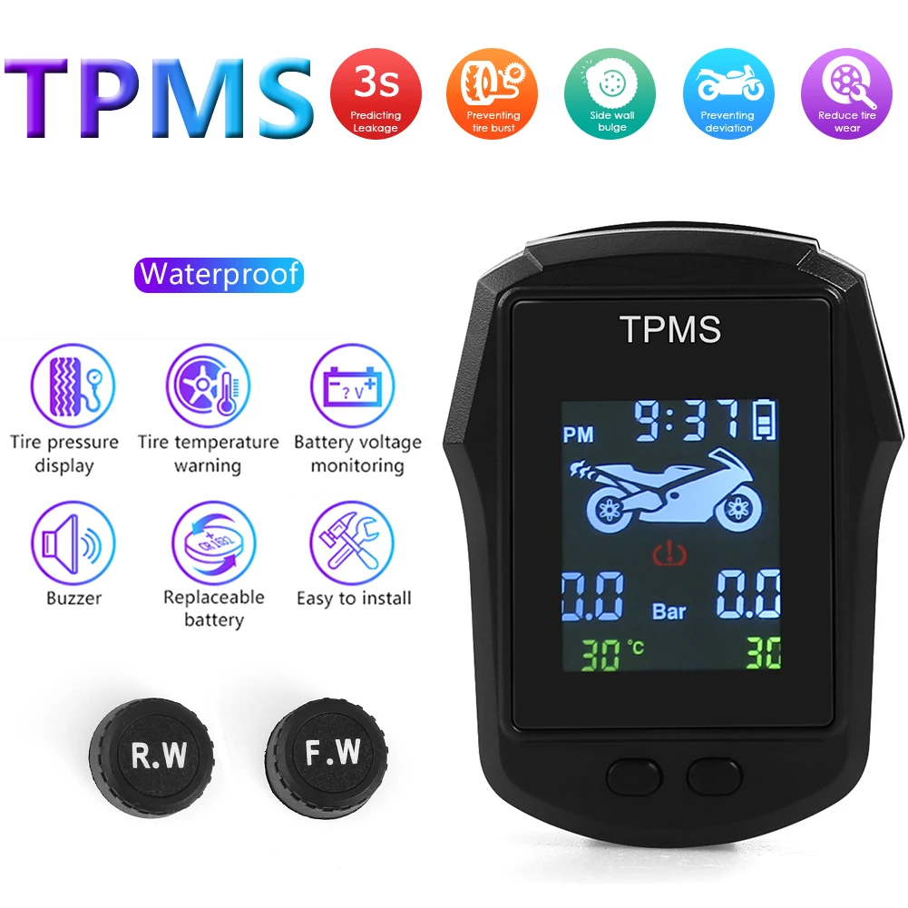 Waterproof Motorcycle TPMS Motorbike Digital LCD Display Tire Tyre Pressure Monitoring System with External Sensors