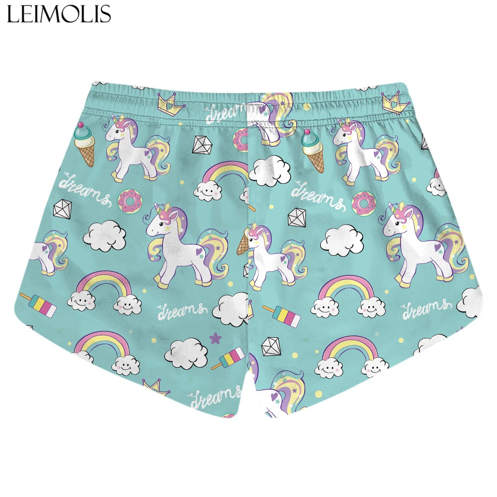 LEIMOLIS Cartoon Unicornl Rainbow Fruit Flower Flamingo Print Summer Sexy Casual Bohemian Streetwear High Waist Shorts Women