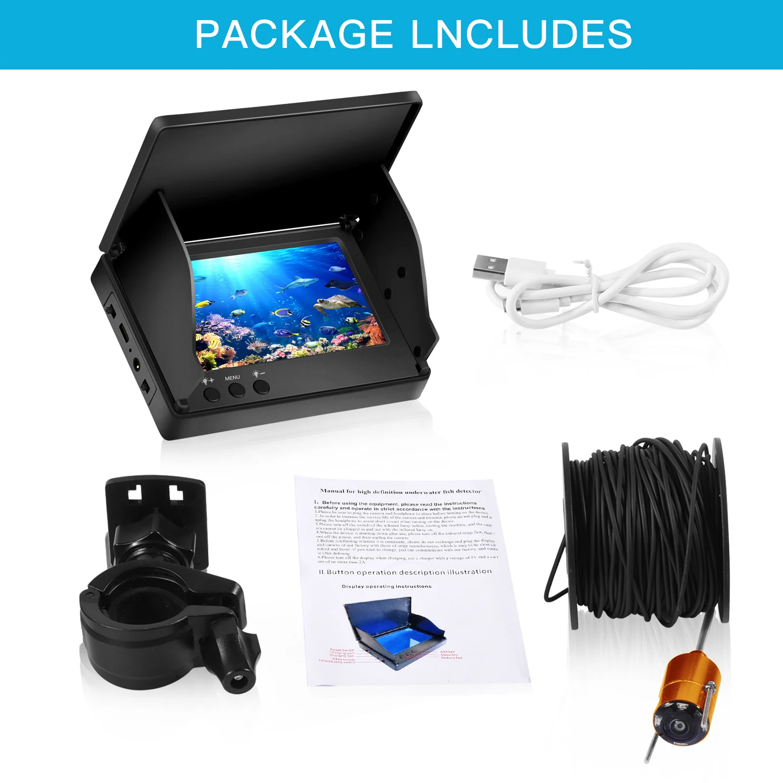 HD Fish Finder Underwater 30M Fishing Camera Rechargeable Water Depth Echo Sounder Fishing Instrument Equipment Fishfinder