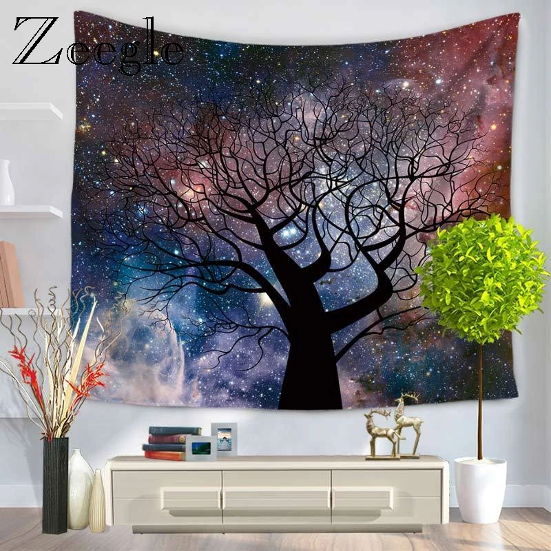 Zeegle Trees and Stars Starry Sky Pattern Wall Hanging Tapestry Decor Polyester Curtains Large Size Table Cover