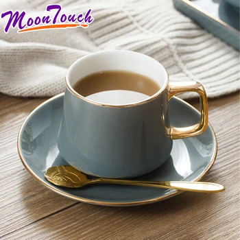 

Coffee cup and saucer set European style small luxury home ceramic tracing gold mug with saucer spoon English afternoon tea