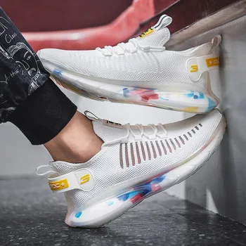 

2020 High Elastic Flying Woven Men Shoes Rainbow Popcorn Bottom Sports Casual Shoes Breathable High Quality Men's Running Shoes