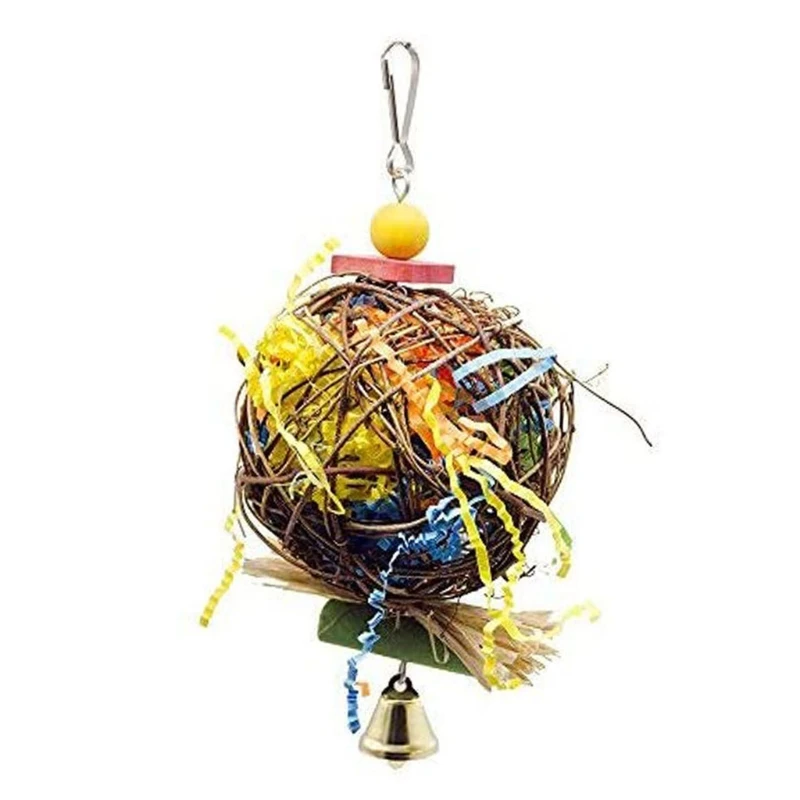 Parrot Shredder Paper Toys Hanging Rattan Ball Bird Bite Chewing Toy with Bells for Budgie Cockatiel Cage Accessories