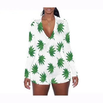 

Women's Print Jumpsuit Fashion Sexy Long Sleeve V-neck Button Down Bodysuit