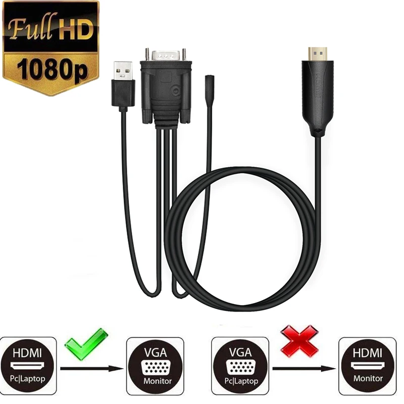 Адаптер 1080P HDMI VGA (штекер штекер) видеопреобразователь с поддержкой