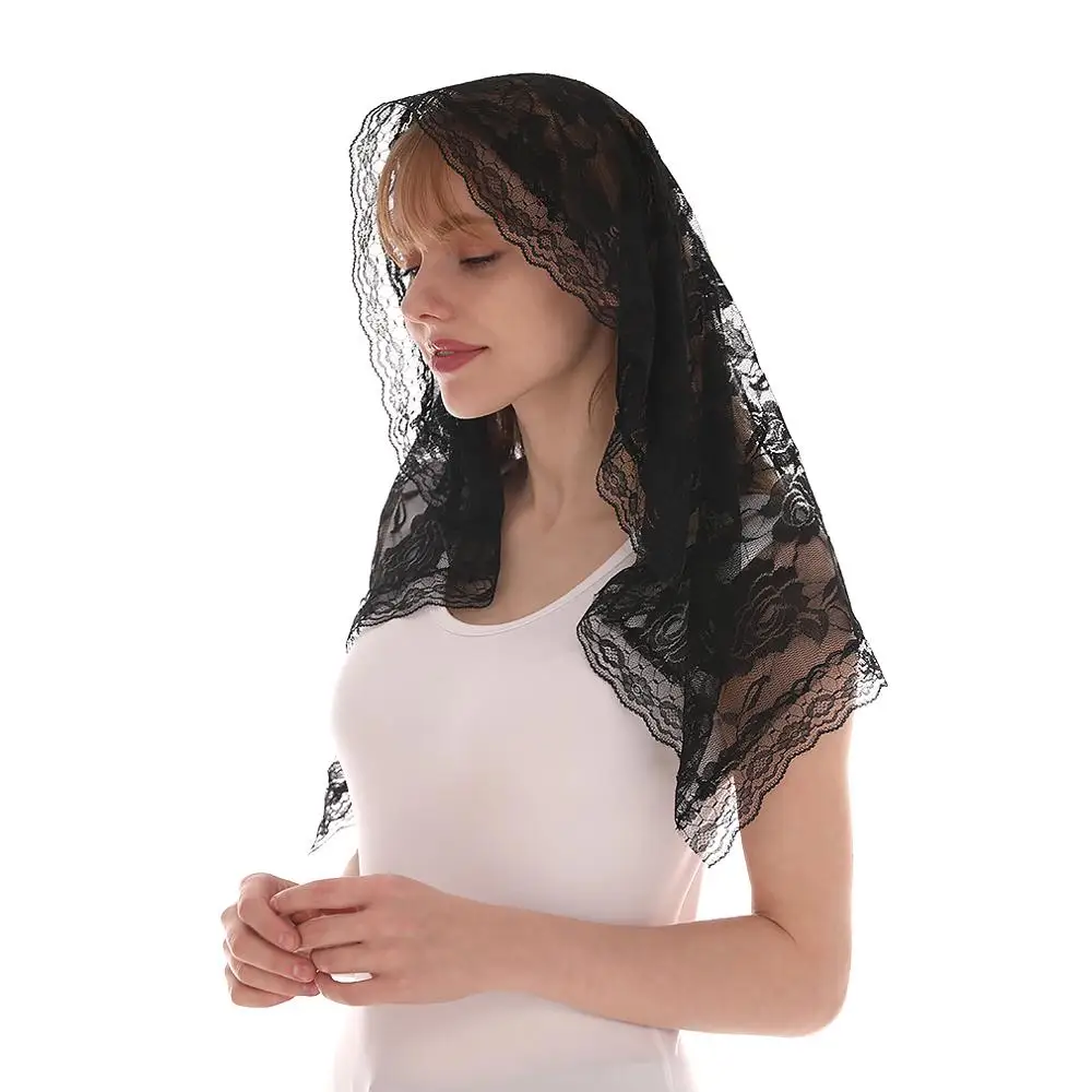 Embroidered Scarf for Church Shawl with Spanish Fringes Christian Veil Spanish Mantilla Lace Shawl Floral Women Handkerchief 2