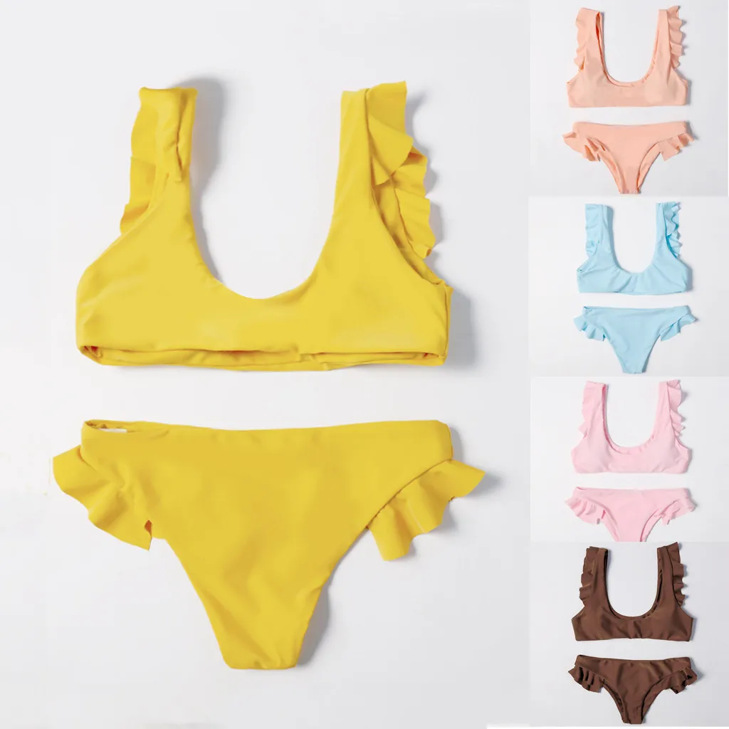 

Best Sales 2020 Split Underwear Set Women Solid Color Biquini Padded Ruffle Bathing Suit Push Up Padded Female Intimates Tankini