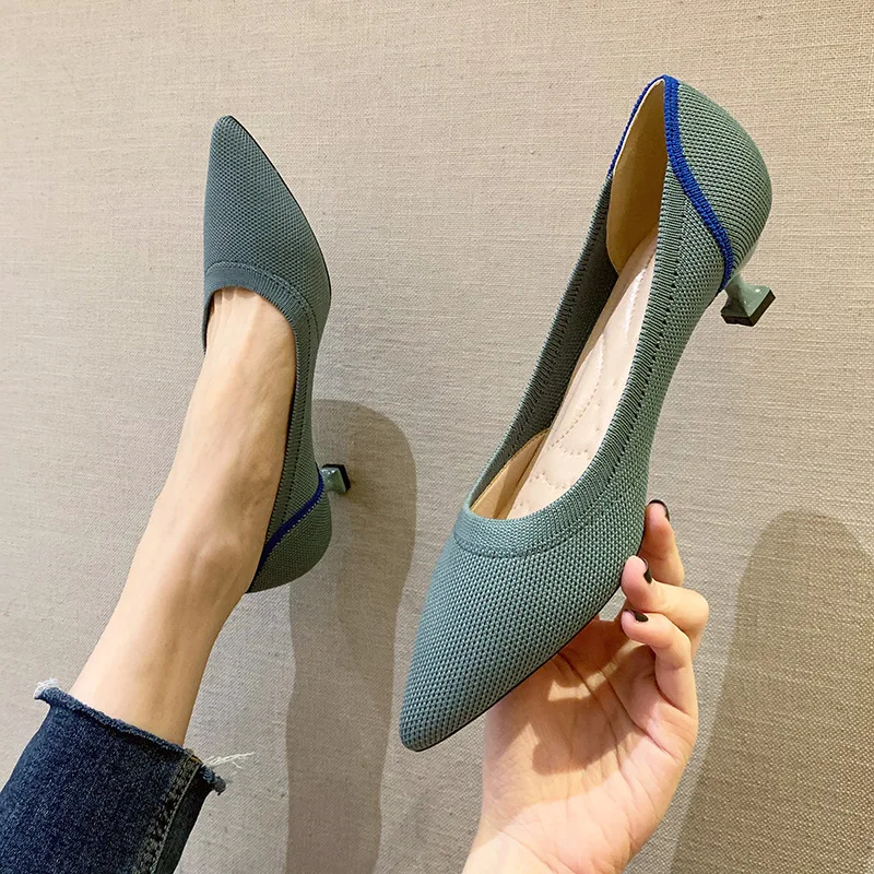 Ballet High Heels Women's 2021 New Spring Knitted Thin Heel Pointed Shallow Mouth Cat Heel Woven Shoes Flying Woven High Heels 5