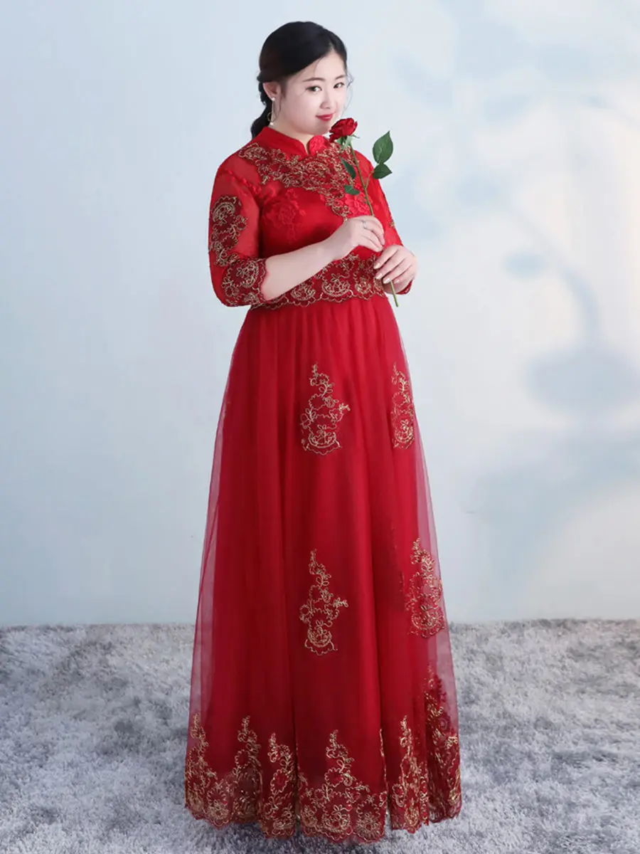 Вечернее платье, винтажное, китайский стиль, халат De Soiree T535, бургундское, вышивка, кружево, женские платья для вечеринок, размера плюс, официальное платье