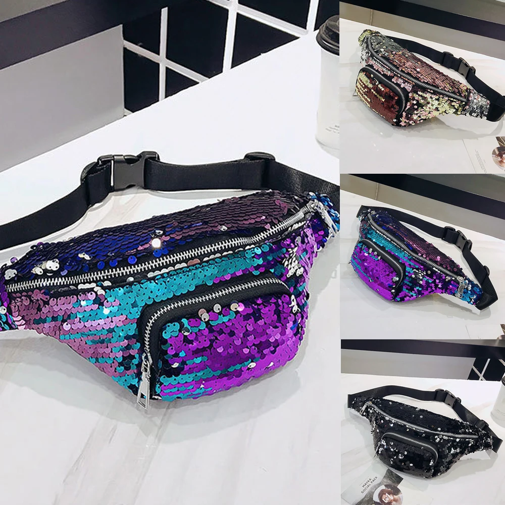 Women Colorful Sequin Fanny Pack Waist Chest Pouch Shoulder Messenger Belt Bag