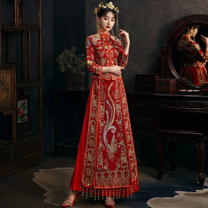 絶妙な刺繍花嫁衣装チャイナドレス 中国スタイルのウェディングドレスオリエンタル結婚セット中国女性のトーストの服 Cheongsams Aliexpress