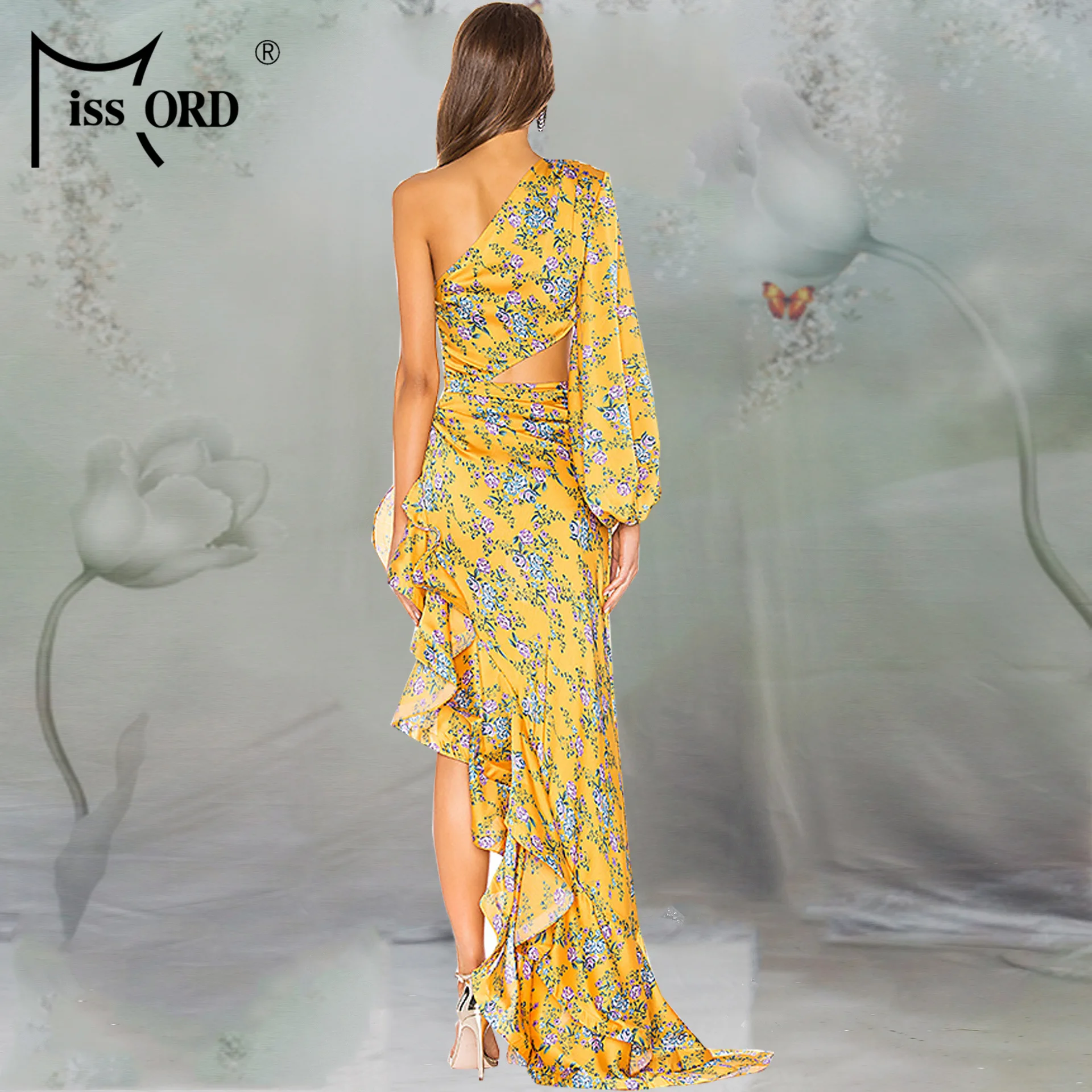 Missord Women Floral Print Dresses Sexy One Shoulder Irregular Ruffles Bodycon Maxi Party Dress MQ349