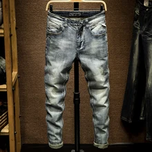Модные Винтажные мужские джинсы, Ретро стиль, обтягивающие эластичные рваные джинсы, мужские дизайнерские джинсы в итальянском стиле, хлопковые джинсовые штаны Hombre