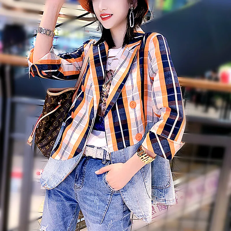 

European Designer Blazers Women Coat Plaid Printed Woman Spring Casual Denim Spliced Coat Double Breast Party Blazers NZ43