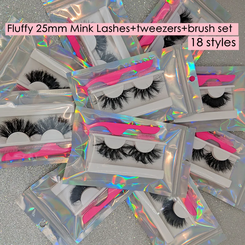 Mikiwi 10/20//50/100 Wholesale 25mm Fluffy Mink Lashes Suit Brushes Tweezers In Bulk Eyelashes Set Multi Pack Mink Lashes Kit 2