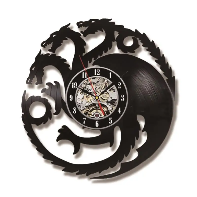 Fire Blood Game of Thrones Theme 3D Record Clock Hollow Round Dragon Shape Hanging Clock Antique Black Room Decor Wall Clock