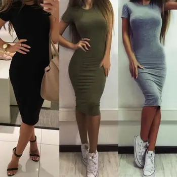

1pcs Womens Dress Vestido Short Sleeve Slim Bodycon Dress Tunic Crew Neck Casual Pencil Dress New Arrival