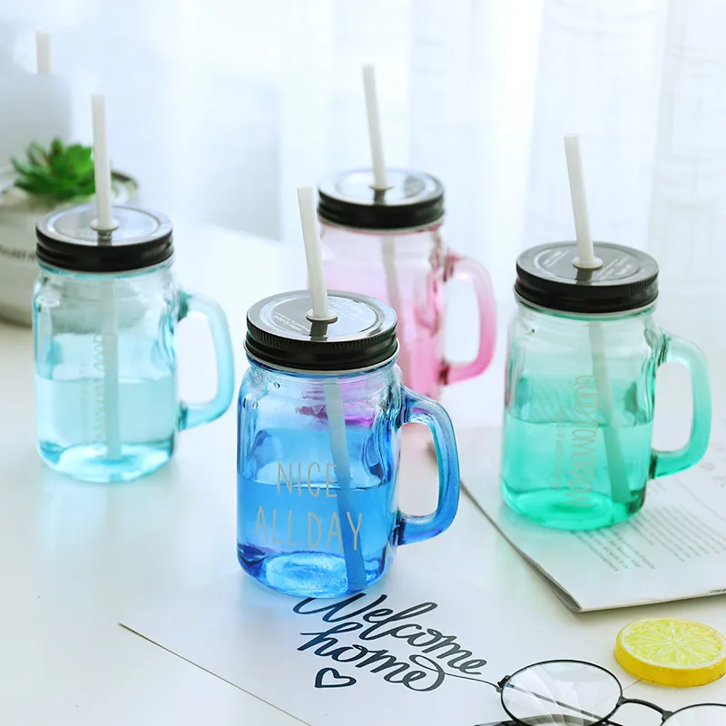 Glass Cup Mason Jar Gradient Transparent With Cover And Straw Water Bottle  Mug For Fruit Juice Cool Drink Kitchen Accessories