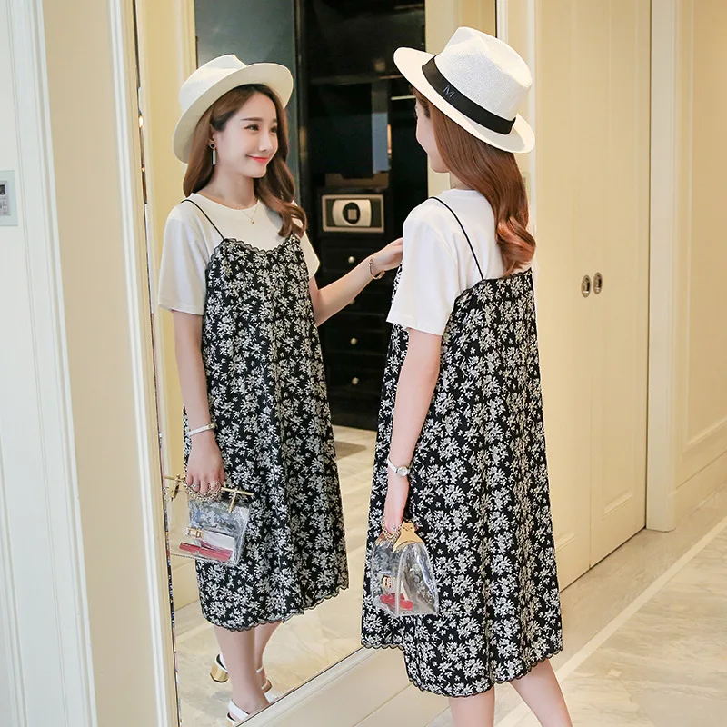 

Maternity Clothes 2019 Summer New Style Chiffon Small Floral Strapped Dress Mid-length Pregnant Women Dress Two-Piece Set