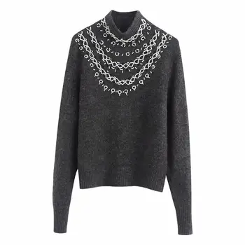 

Za women's new fall 2019 long sleeve mock neck rib trim layer Short Knitwear with contrast stitching beading sweater09598174802