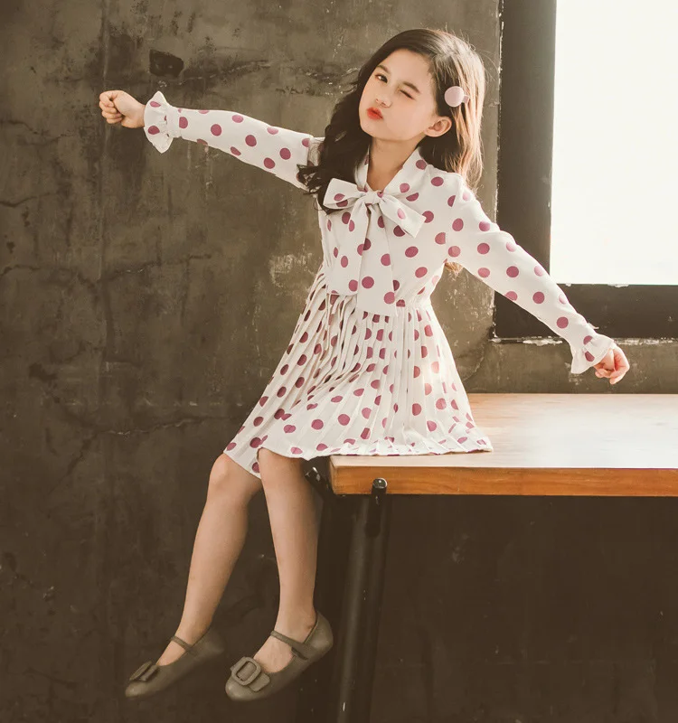 2020 Spring Autumn Kids Clothing Big Girl Boutique Chiffon Dresses Fashion Polka Dot Dress for Girls Age 4 5 6 7 8 9 10 11 12 13 (2)