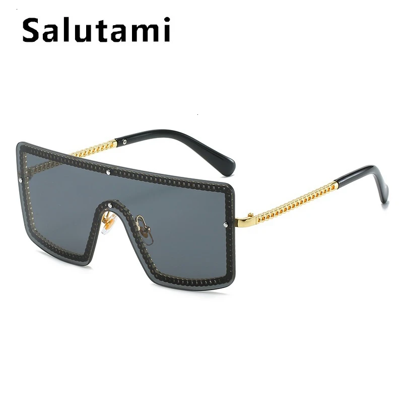 Уникальные оправа с цепочкой, цельные большие солнцезащитные очки для женщин, винтажные Роскошные брендовые градиентные солнцезащитные очки для женщин, квадратные оттенки - Цвет линз: goldallgray