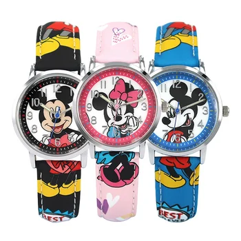 

Mickey Mouse Boy Quartz Watch Minnie Pink Girl Child Leather Fashion Casual Waterproof Kid Student Watches Kol Saati Montre Gift