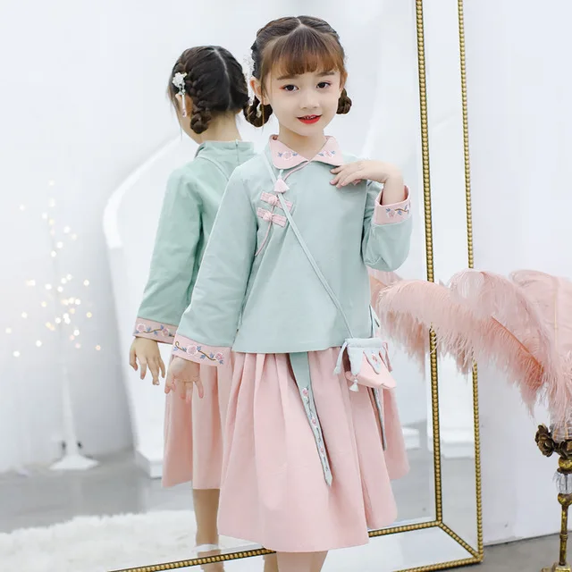 Hanfu/теплые зимние топы для девочек от 3 до 12 лет+ юбка+ сумка, комплект из 3 предметов, детская одежда в стиле ретро китайские традиционные костюмы с вышивкой на Хэллоуин - Цвет: ThinB