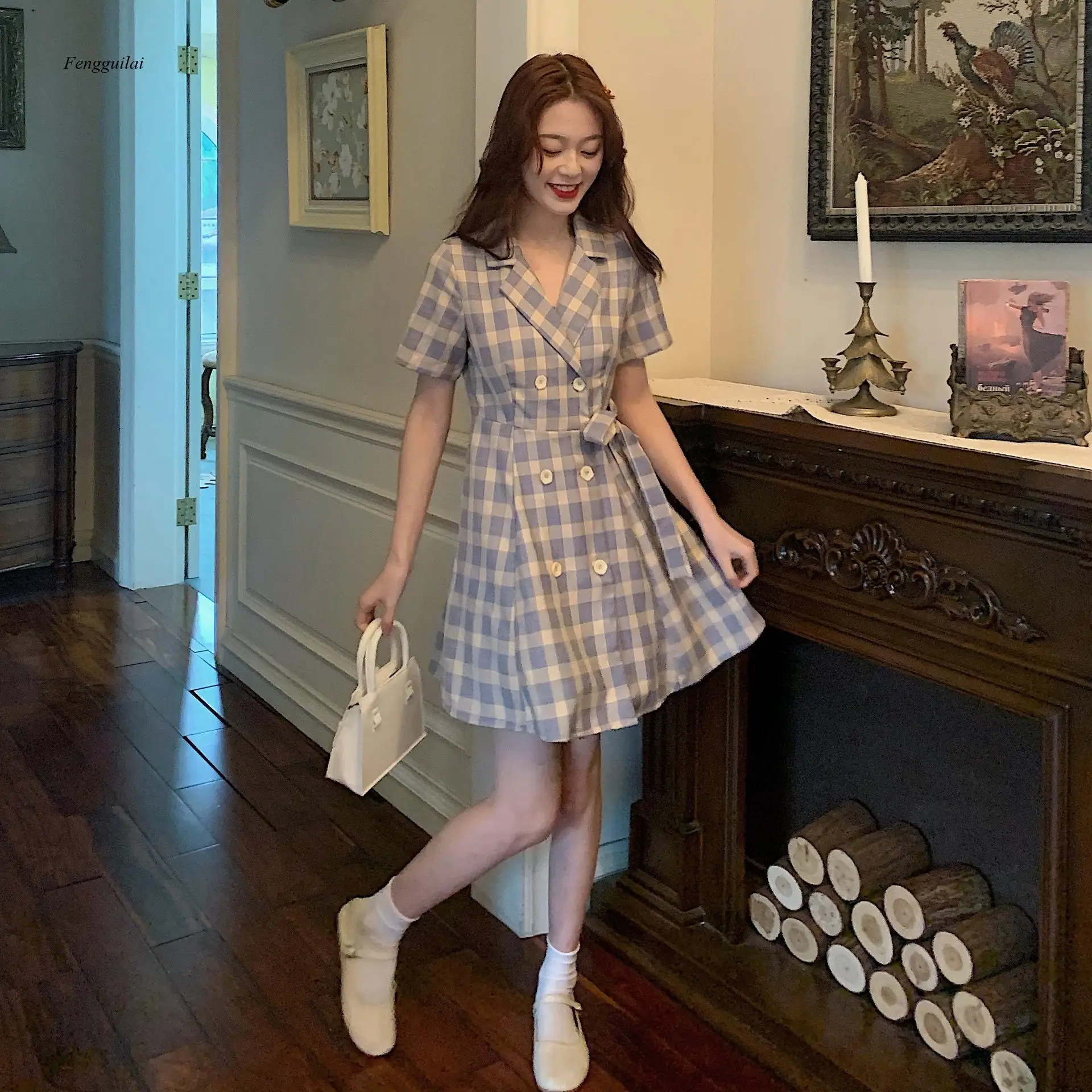 

Dress 2020 Summer New Korean Waist Closing Suit Collar Plaid Dress for Women