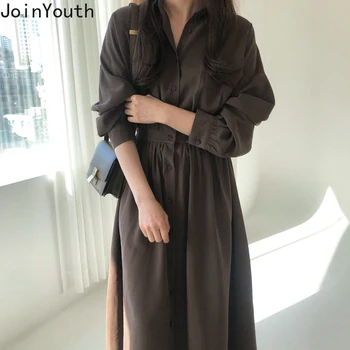 

Joinyouth Spring Long Dress Women Single Breasted Korean Dresses Elegant Long Sleeve High Slim Waist Blouse Dress Vestidos 58038