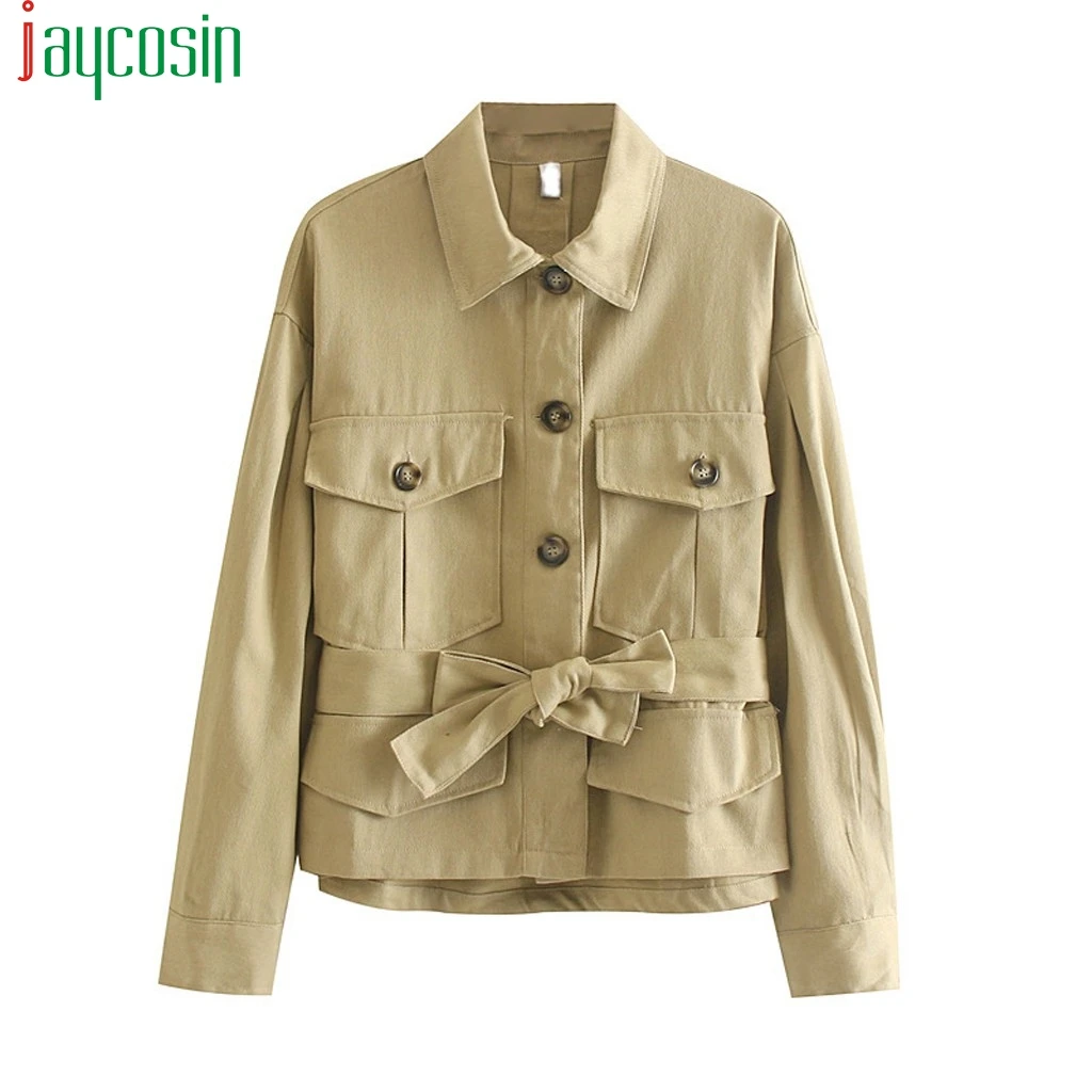 

Women Cargon Jacket Coat Pocket Fashion Loose Button Belt Plus Size Tops Long Sleeve Solid Color Jacket Feminina Ladies Coats