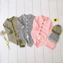 Barboteuse en coton tricoté pour nouveau né, vêtements d'automne et d'hiver pour bébé avec chapeau à carreaux, combinaison pour filles et garçons 