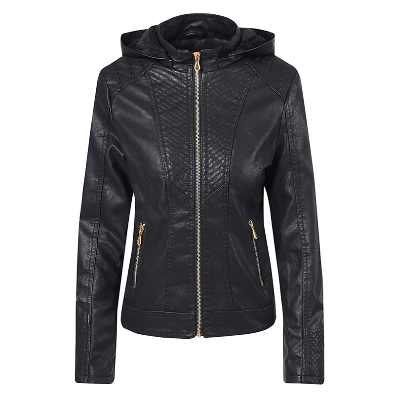 thicken Women jacket tops Casual Zipper PU Hooded Coat cool leather Jacket Motorcycle Slim Biker Parka Outerwear ladies bomber