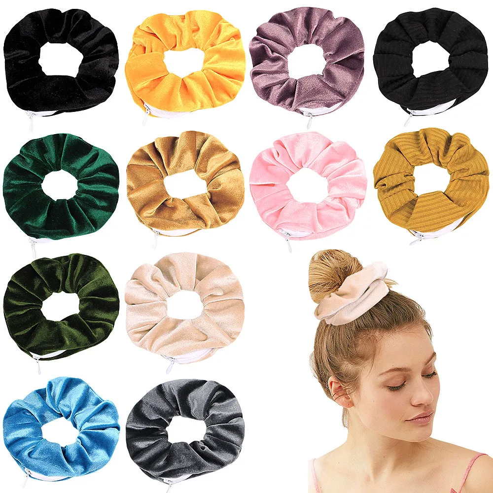 1PC Fashion New Velvet Pocket wallet Hair Scrunchies Retro Zipper Large Intestine Elastic Hair Band Hair Accessories Hot