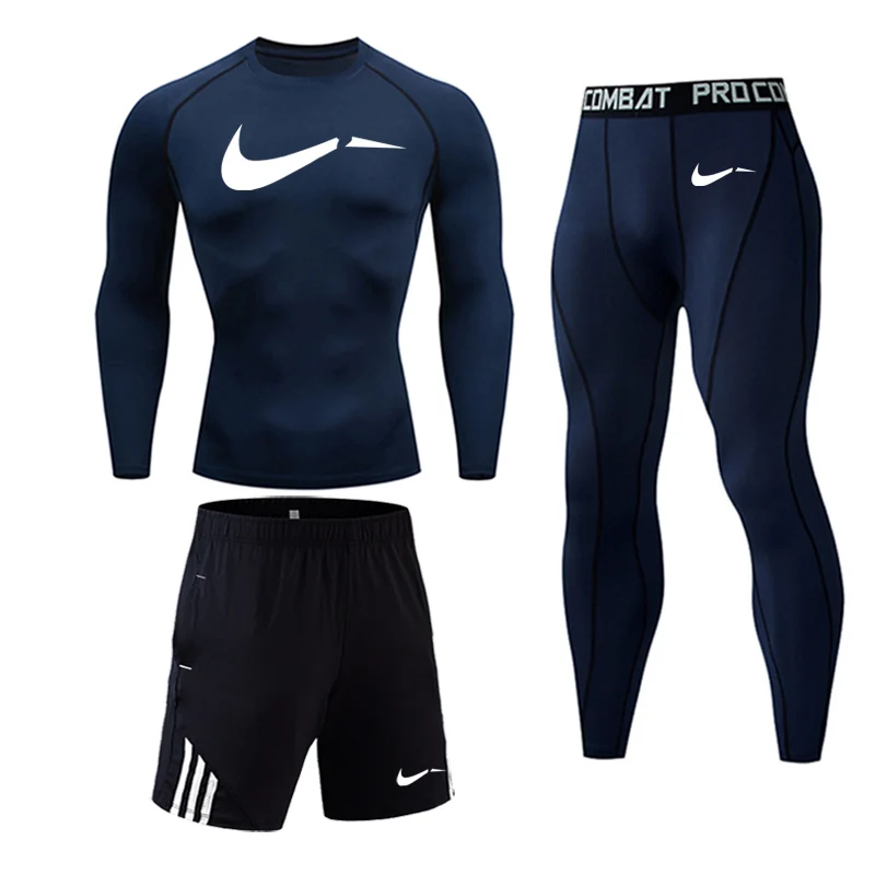 3-piece suit Брендовый компрессионный Мужской полный костюм, спортивный костюм, быстросохнущие комплекты одежды, Спортивная рубашка, для бега, тренировок, тренажерного зала, леггинсы для фитнеса, ММА - Цвет: 3-piece suit