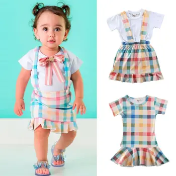 

2020 Toddler Baby Girl Summer Clothes Plaid T-shirt Tops+Tutu Dress Formal Outfits
