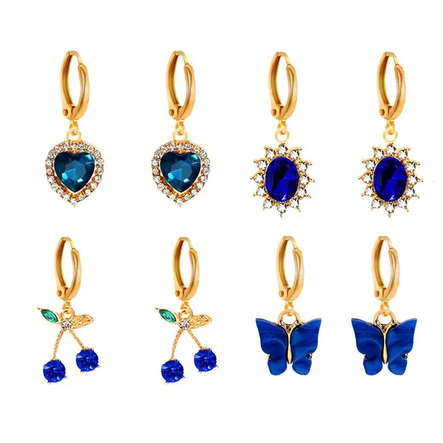 Flatfoosie 5Pair Pink Blue Heart Butterfly Drop Earrings Set For Women Boho Cute Star Moon Eye Dangle Earring 2022 Trend Jewelry 147305BL