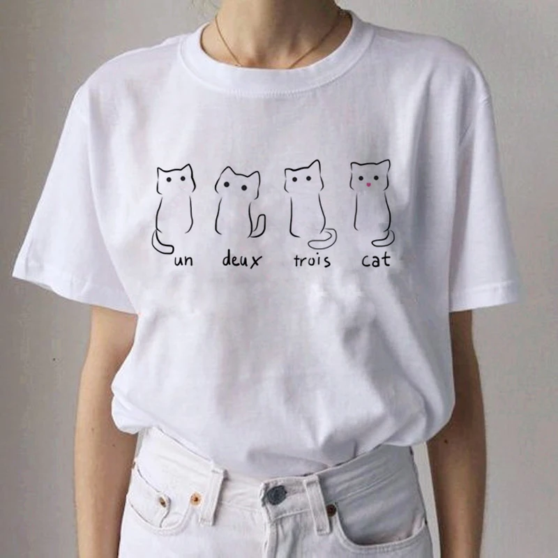 Kawaii Cat/забавная футболка с рисунком Женская Повседневная Harajuku Ullzang милая Футболка