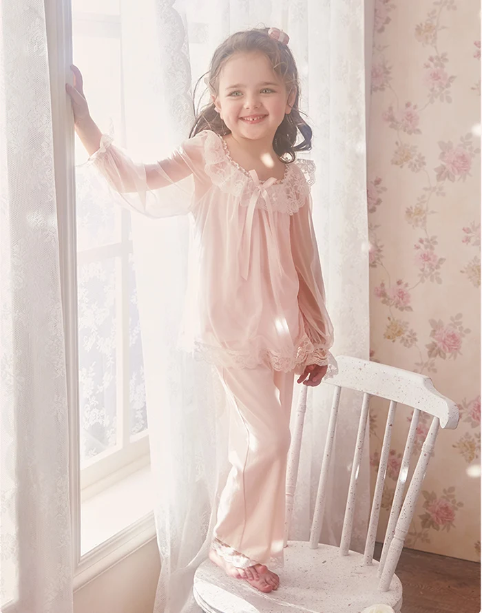 Children Girls Lolita Princess Pajama Sets.Long Sleeve Voile Tops+Pants.Toddler Kid's Pyjamas set.Courtly Style Sleep Loungewear pajama sets boy